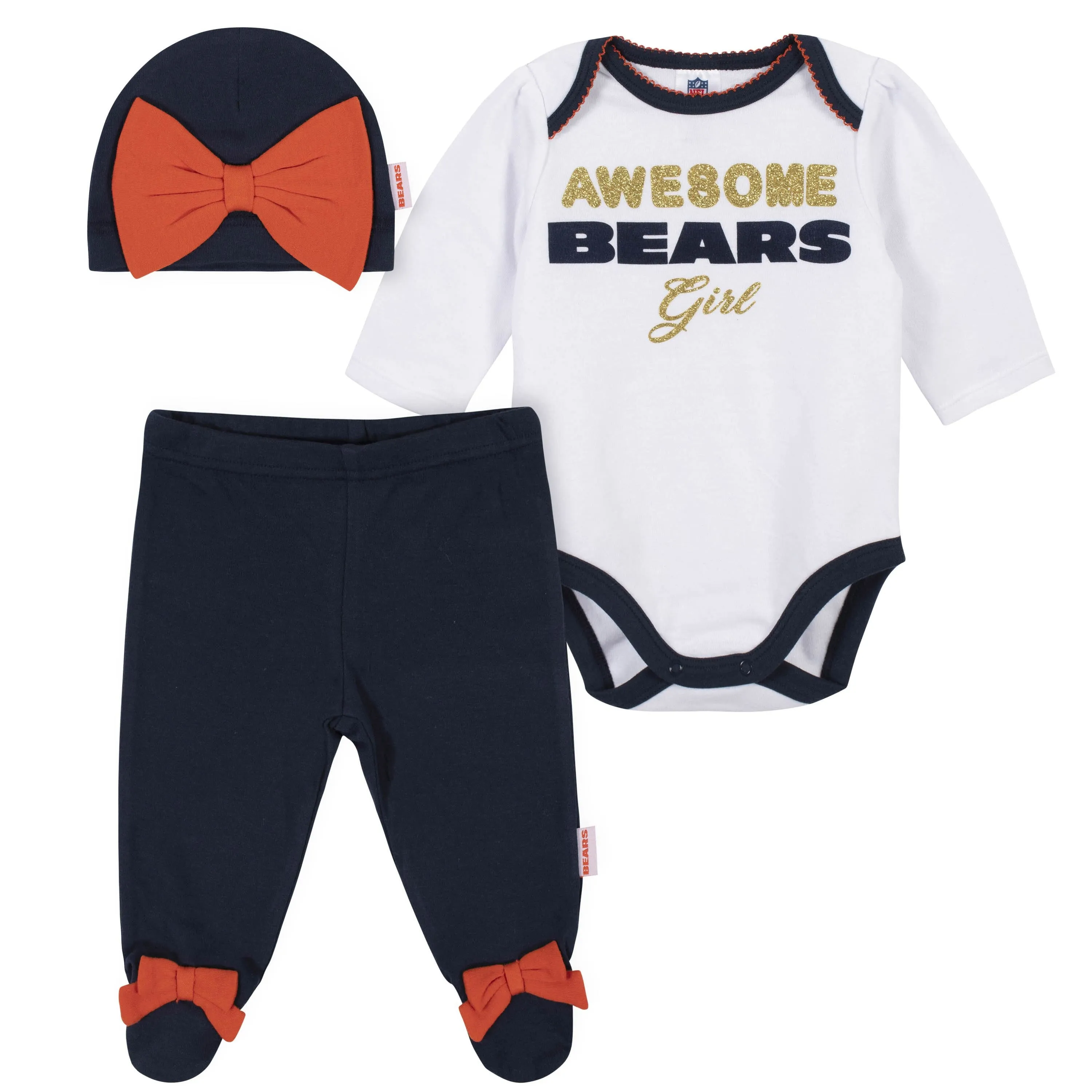 3-Piece Baby Girls Chicago Bears Bodysuit, Footed Pant, and Cap Set