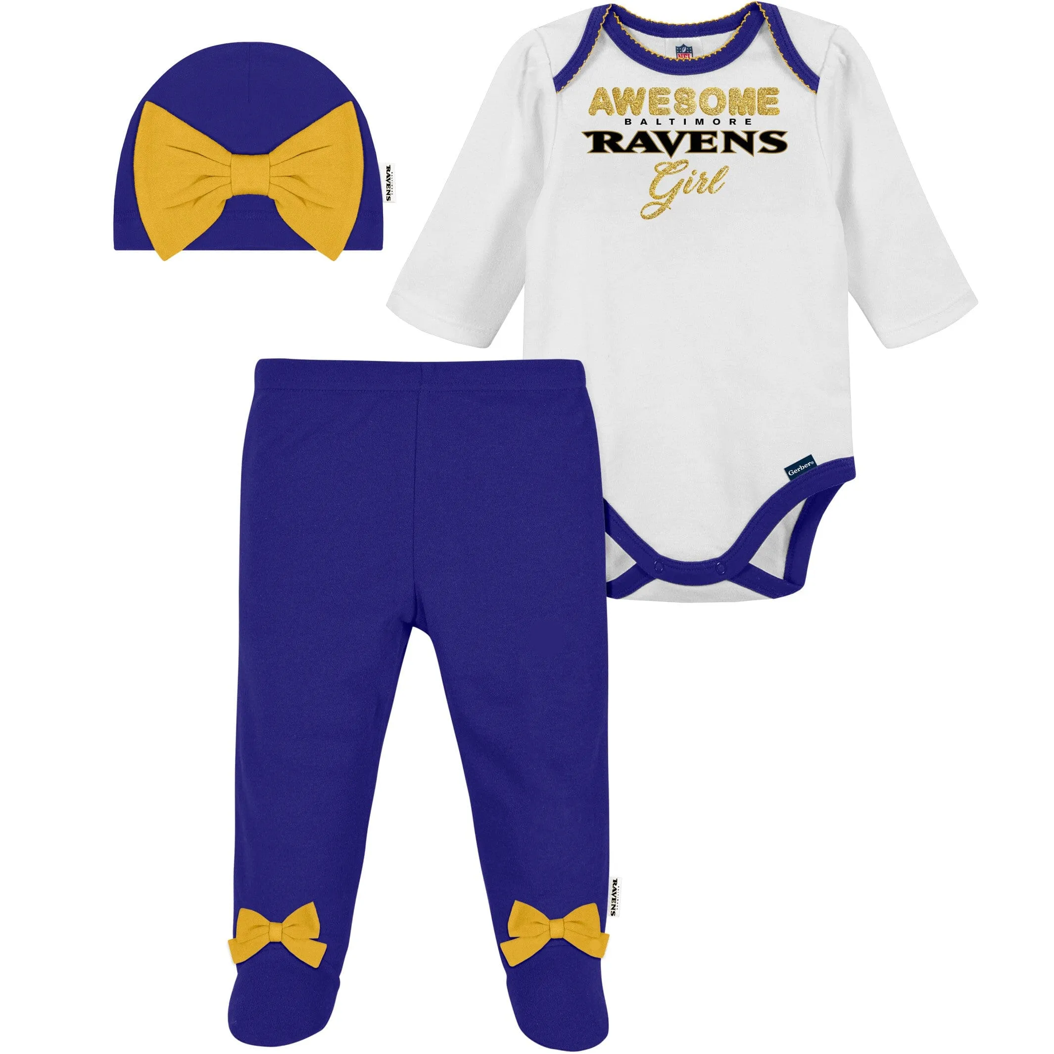 3-Piece Baby Girls Ravens Bodysuit, Footed Pant, & Cap Set