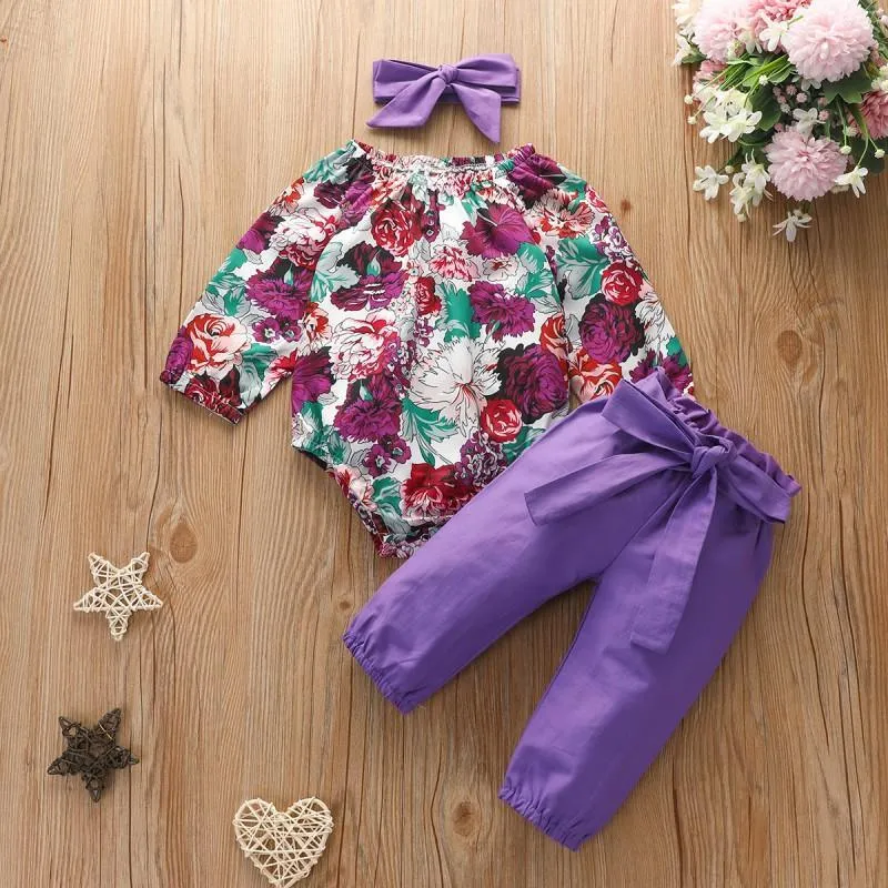 3-piece Floral Printed Bodysuit & Pants & Headband for Baby Girl Wholesale children's clothing