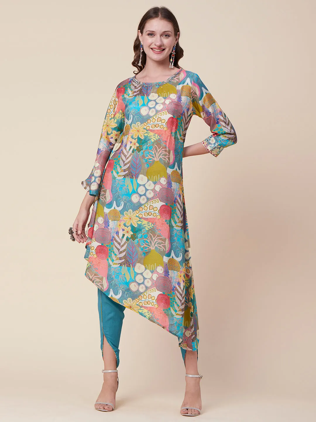 Abstract & Floral Printed Mirror & Sequins Embroidered Asymmetric Kaftan Kurta With Dhoti Pants - Multi