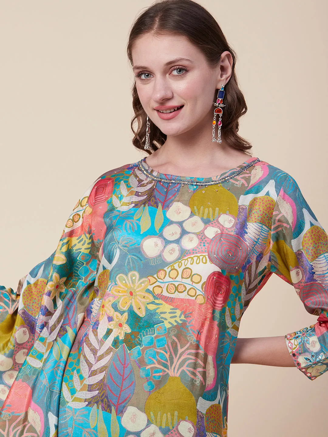 Abstract & Floral Printed Mirror & Sequins Embroidered Asymmetric Kaftan Kurta With Dhoti Pants - Multi