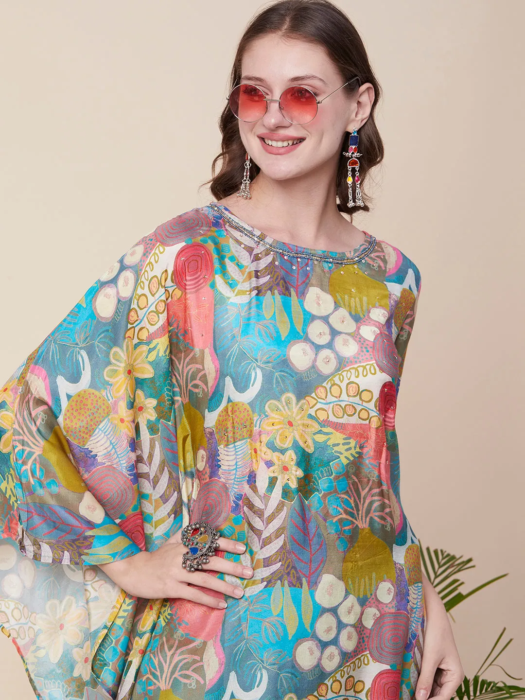 Abstract & Floral Printed Mirror & Sequins Embroidered Asymmetric Kaftan Kurta With Dhoti Pants - Multi