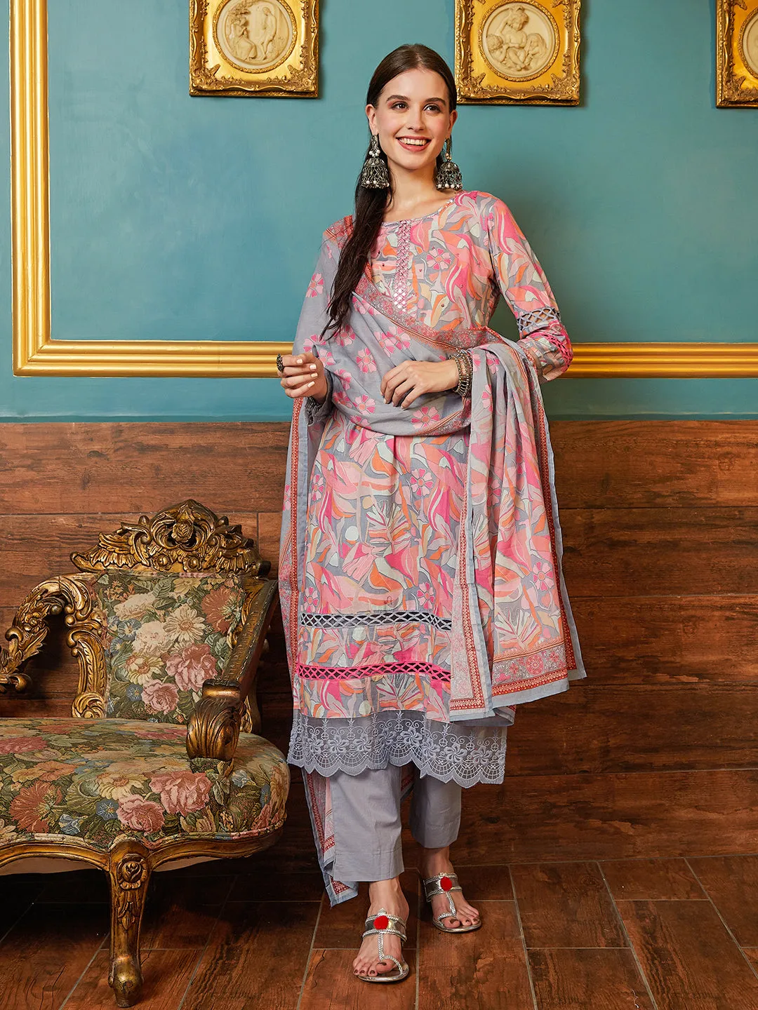 Abstract & Floral Printed Mirror, Resham & Sequins Embroidered Kurta with Pants & Dupatta - Multi