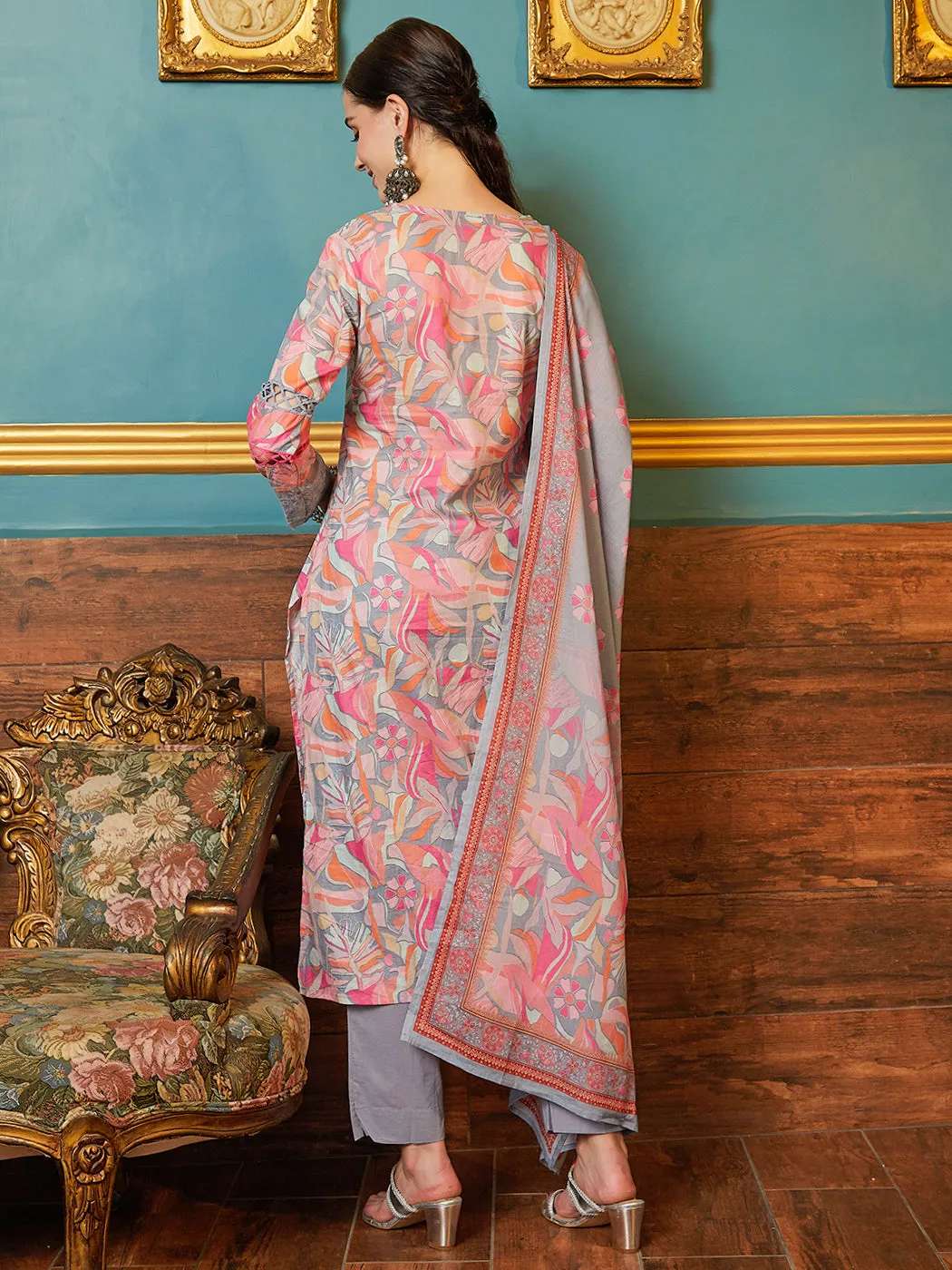 Abstract & Floral Printed Mirror, Resham & Sequins Embroidered Kurta with Pants & Dupatta - Multi