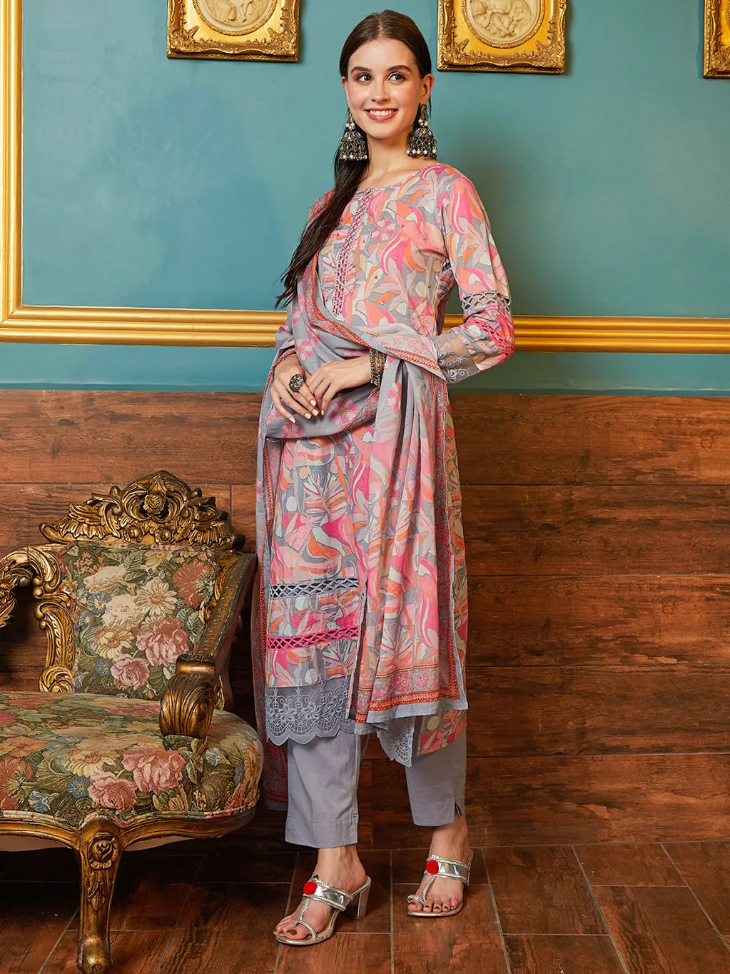 Abstract & Floral Printed Mirror, Resham & Sequins Embroidered Kurta with Pants & Dupatta - Multi