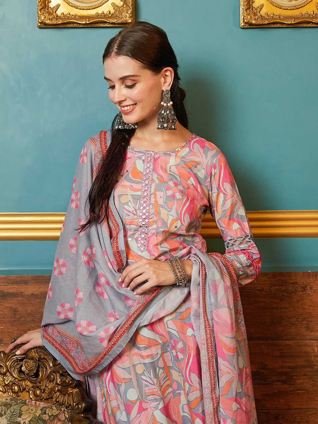 Abstract & Floral Printed Mirror, Resham & Sequins Embroidered Kurta with Pants & Dupatta - Multi