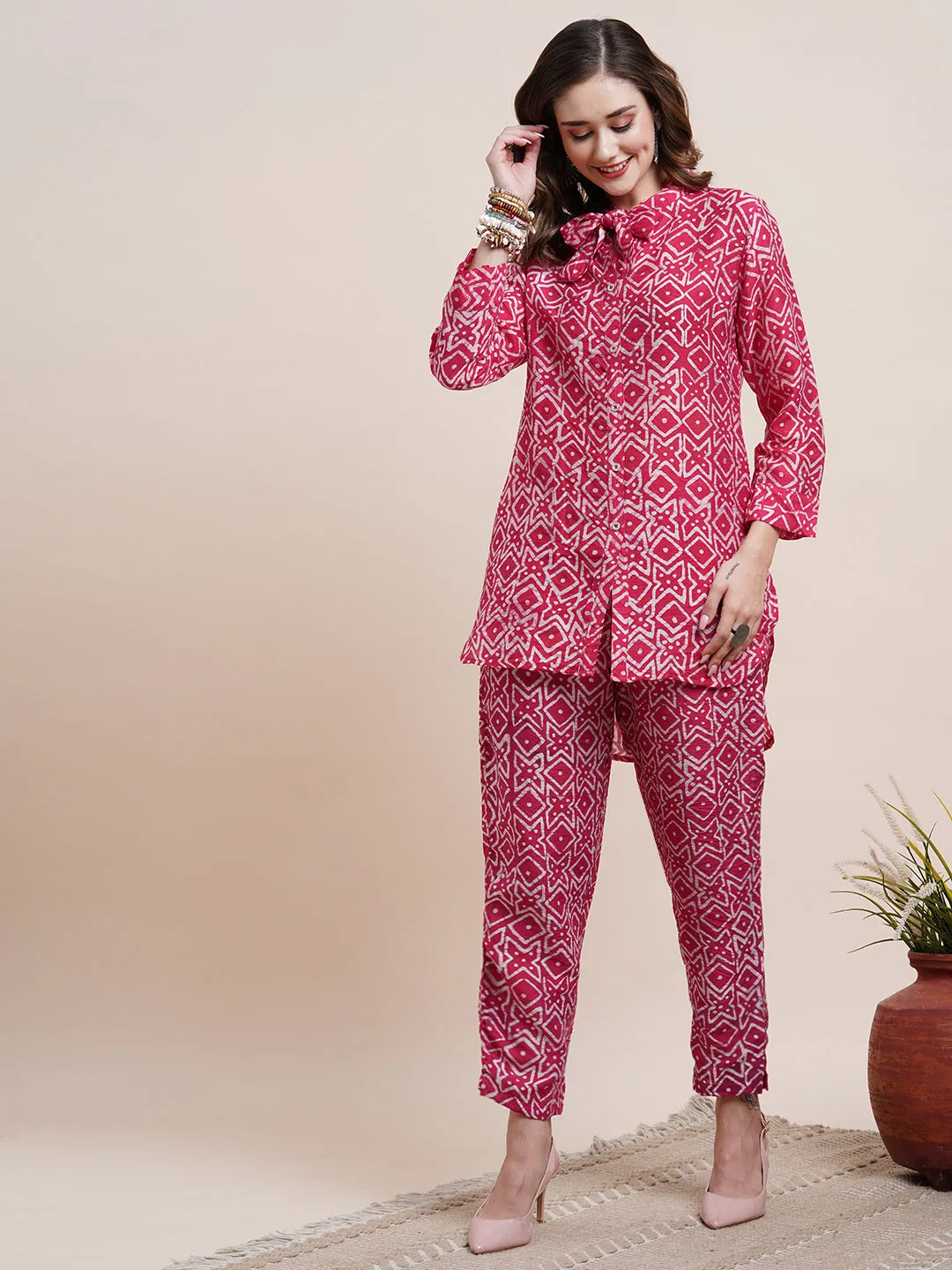 Abstract Batik Printed Asymmetric High-Low Hem Shirt with Pants Co-ord Set -Pink