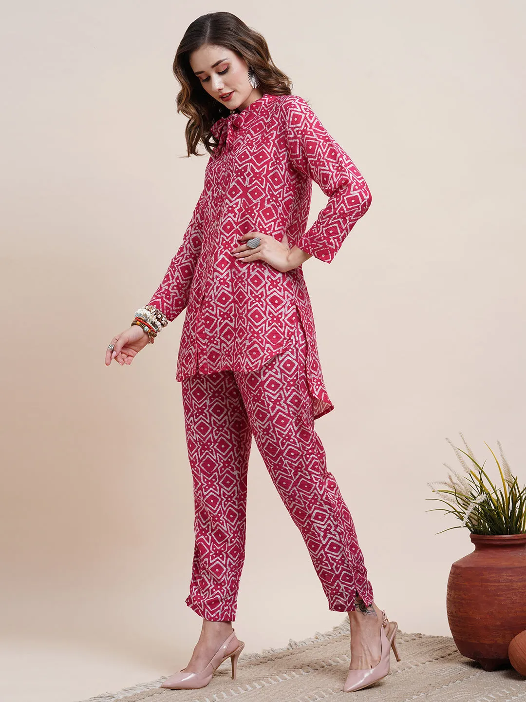 Abstract Batik Printed Asymmetric High-Low Hem Shirt with Pants Co-ord Set -Pink