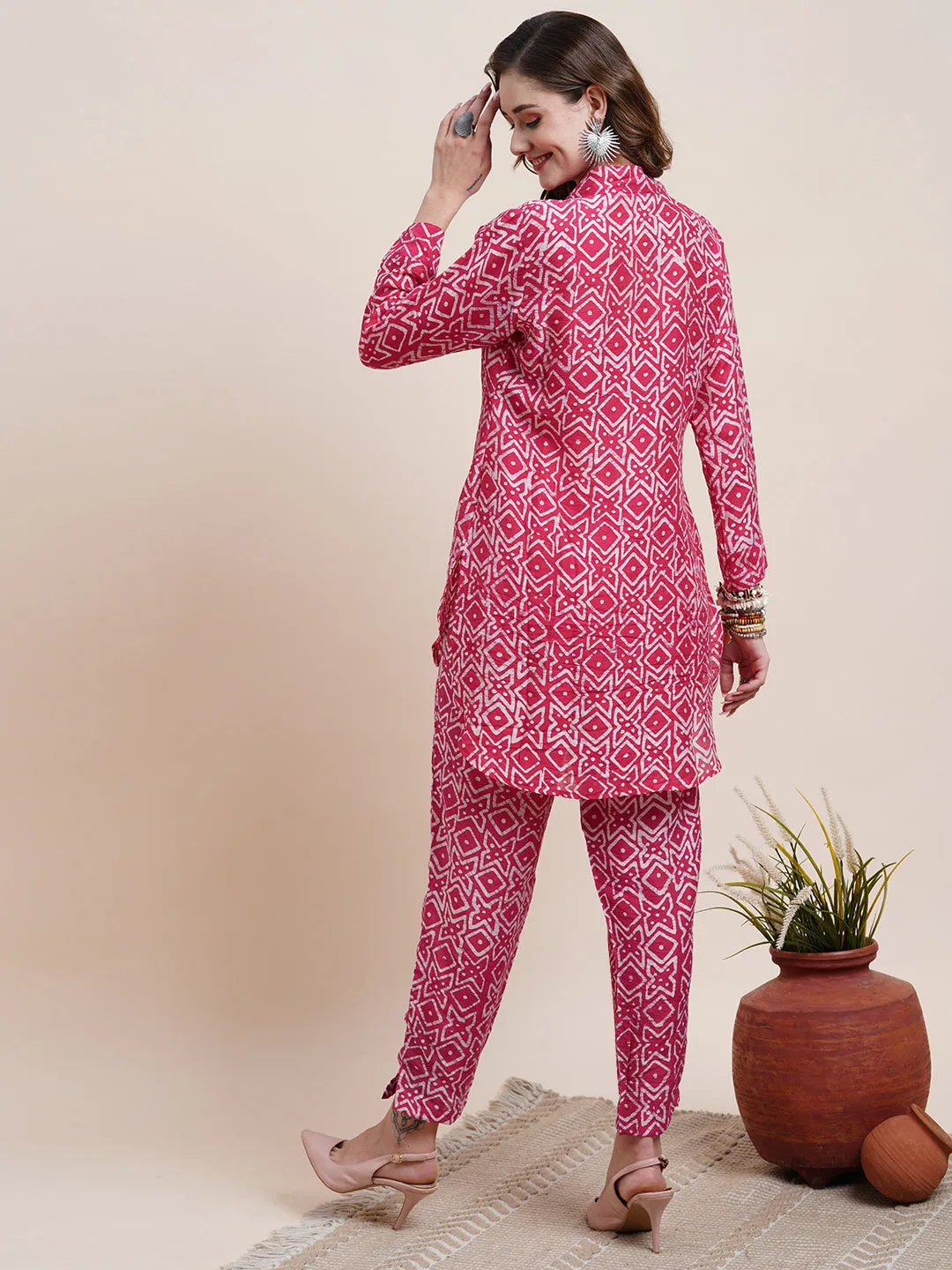 Abstract Batik Printed Asymmetric High-Low Hem Shirt with Pants Co-ord Set -Pink