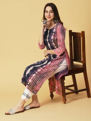 Abstract Batik Printed Mirror & Resham Embroidered Schiffili Kurta - Multi