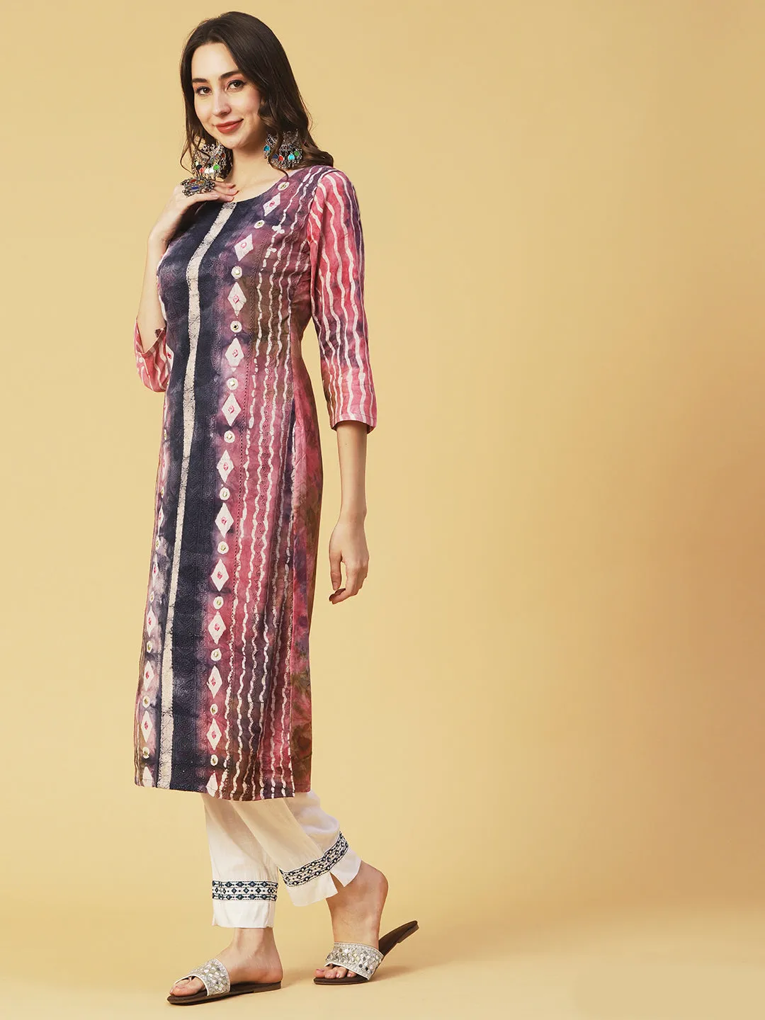 Abstract Batik Printed Mirror & Resham Embroidered Schiffili Kurta - Multi