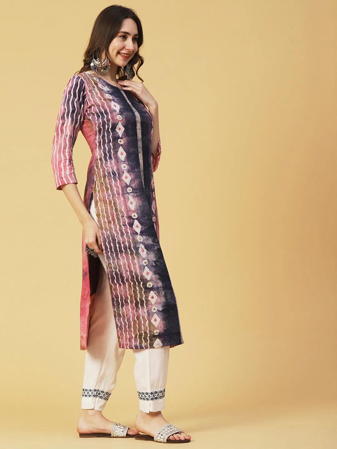 Abstract Batik Printed Mirror & Resham Embroidered Schiffili Kurta - Multi