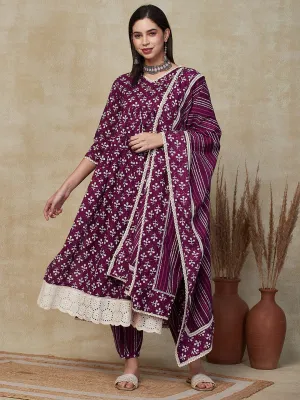 Abstract Batik Printed Sequins Embroidered Kurta with Salwar & Dupatta - Burgundy