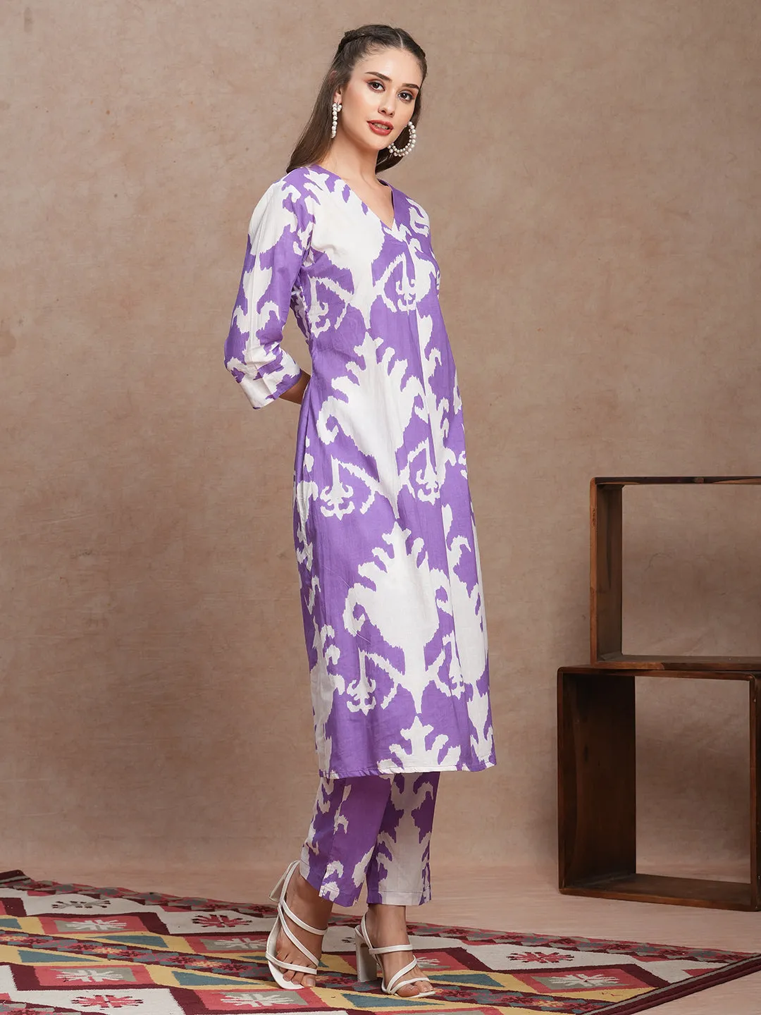 Abstract Ethnic Ikat Printed A-Line Co-ord Set - Purple