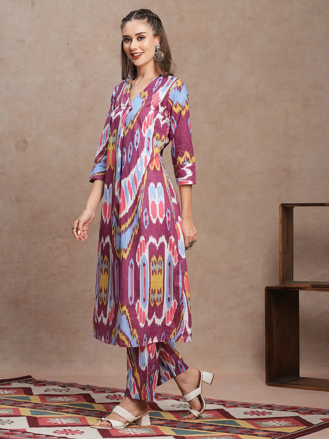 Abstract Ethnic Ikat Printed A-Line Co-ord Set - Purple