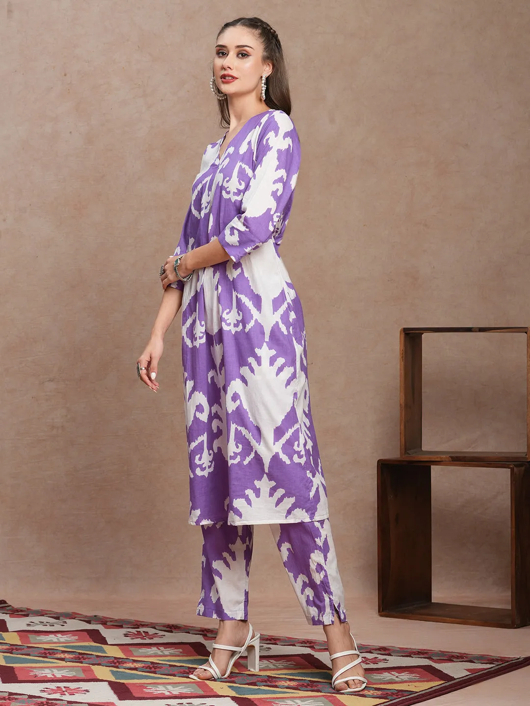 Abstract Ethnic Ikat Printed A-Line Co-ord Set - Purple