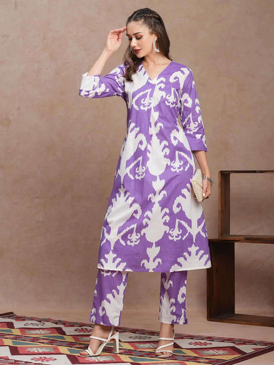 Abstract Ethnic Ikat Printed A-Line Co-ord Set - Purple