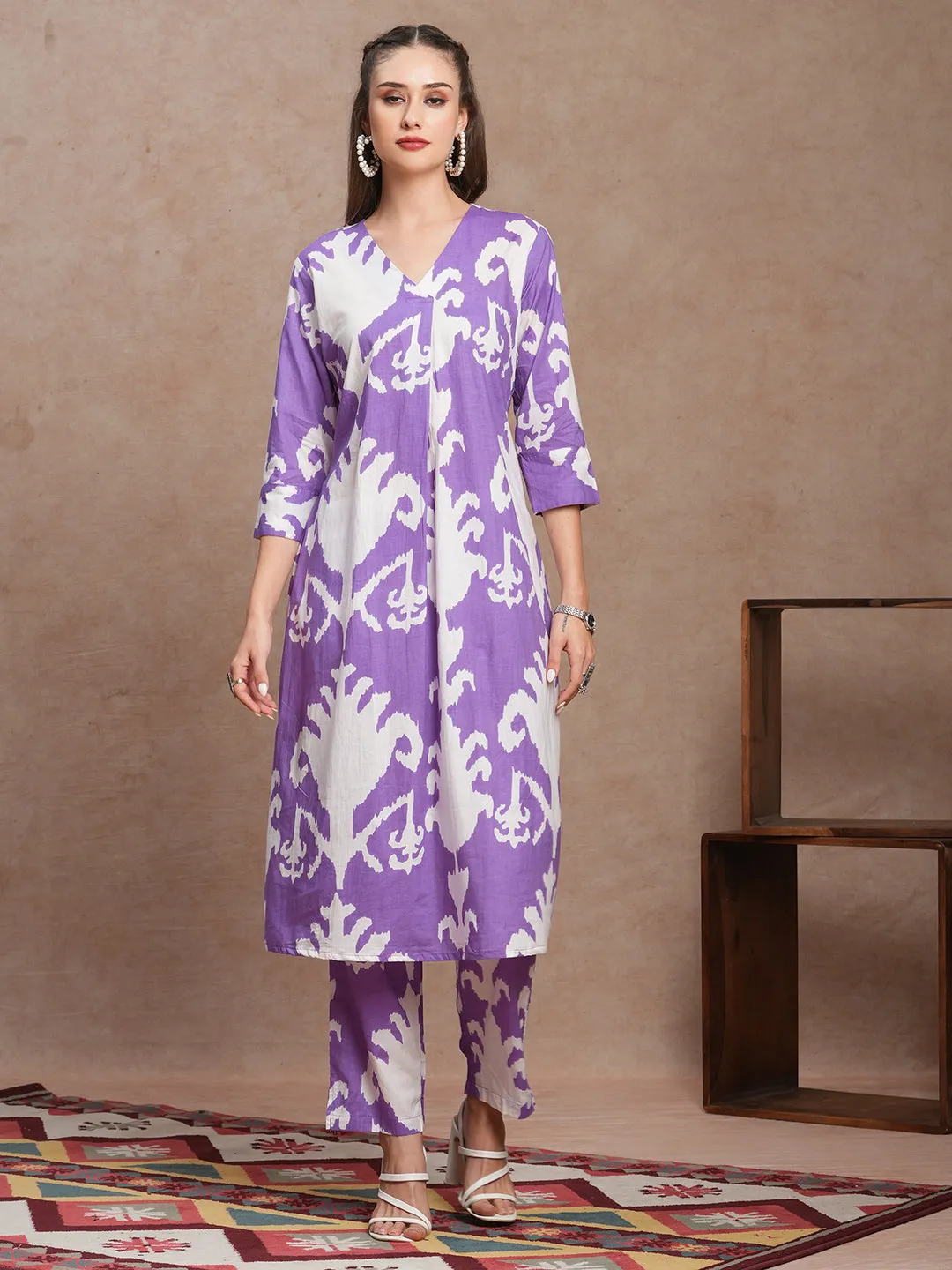 Abstract Ethnic Ikat Printed A-Line Co-ord Set - Purple