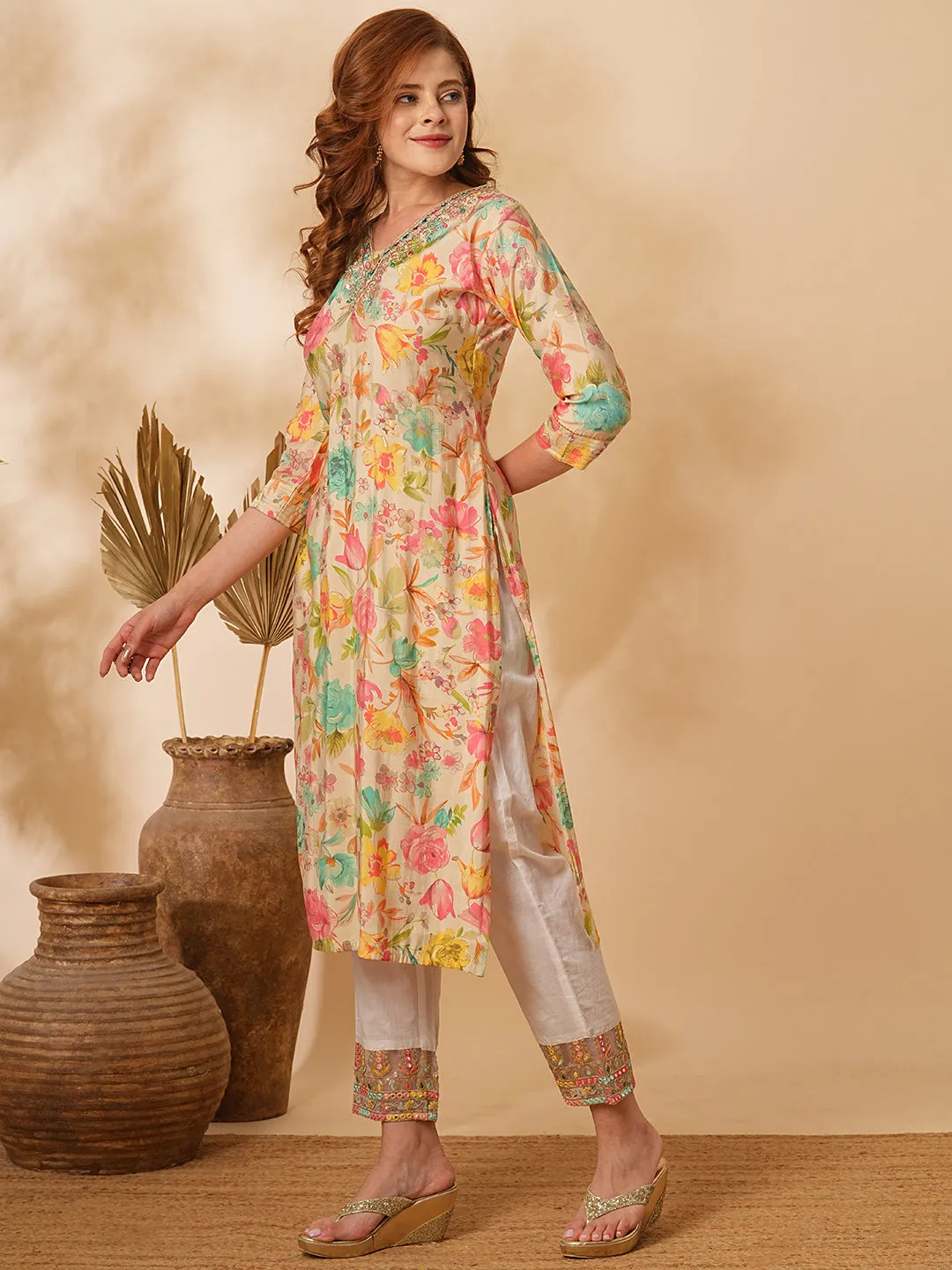 Abstract Floral Foil Printed & Embroidered Straight Fit Kurta - Cream