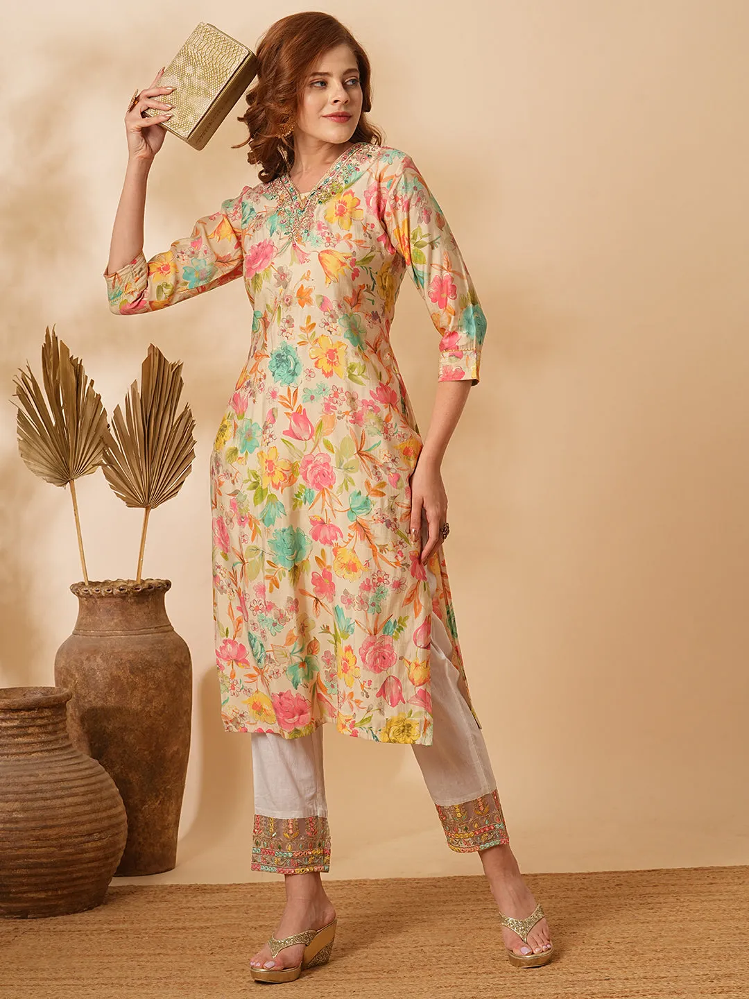 Abstract Floral Foil Printed & Embroidered Straight Fit Kurta - Cream