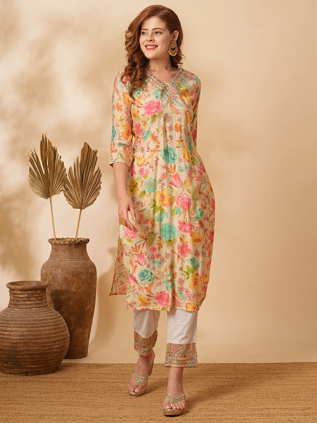 Abstract Floral Foil Printed & Embroidered Straight Fit Kurta - Cream