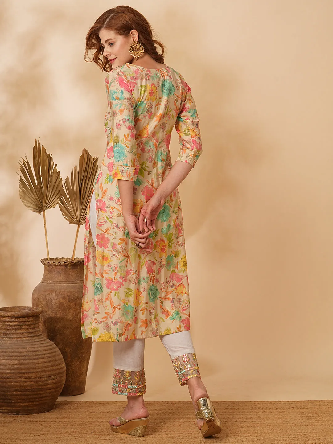 Abstract Floral Foil Printed & Embroidered Straight Fit Kurta - Cream