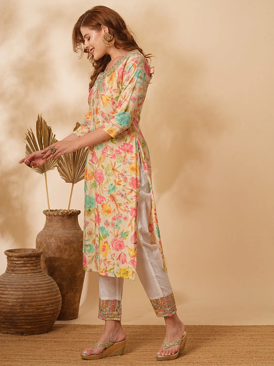 Abstract Floral Foil Printed & Embroidered Straight Fit Kurta - Cream