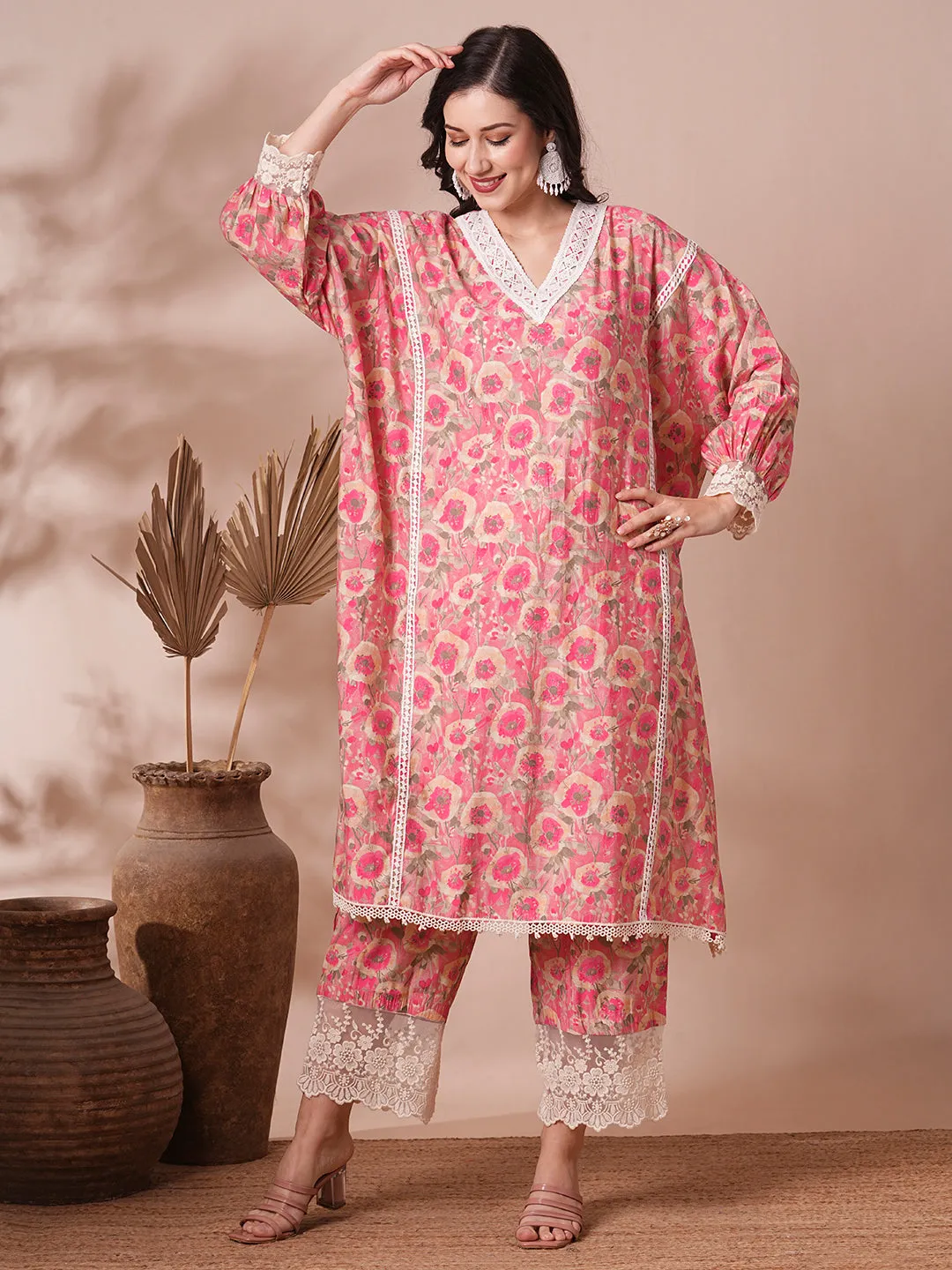 Abstract Floral Foil Printed Kaftan Co-ord Set - Pink