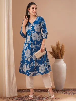 Abstract Floral Printed A-Line Cotton Flax Kurta with Pant - Blue