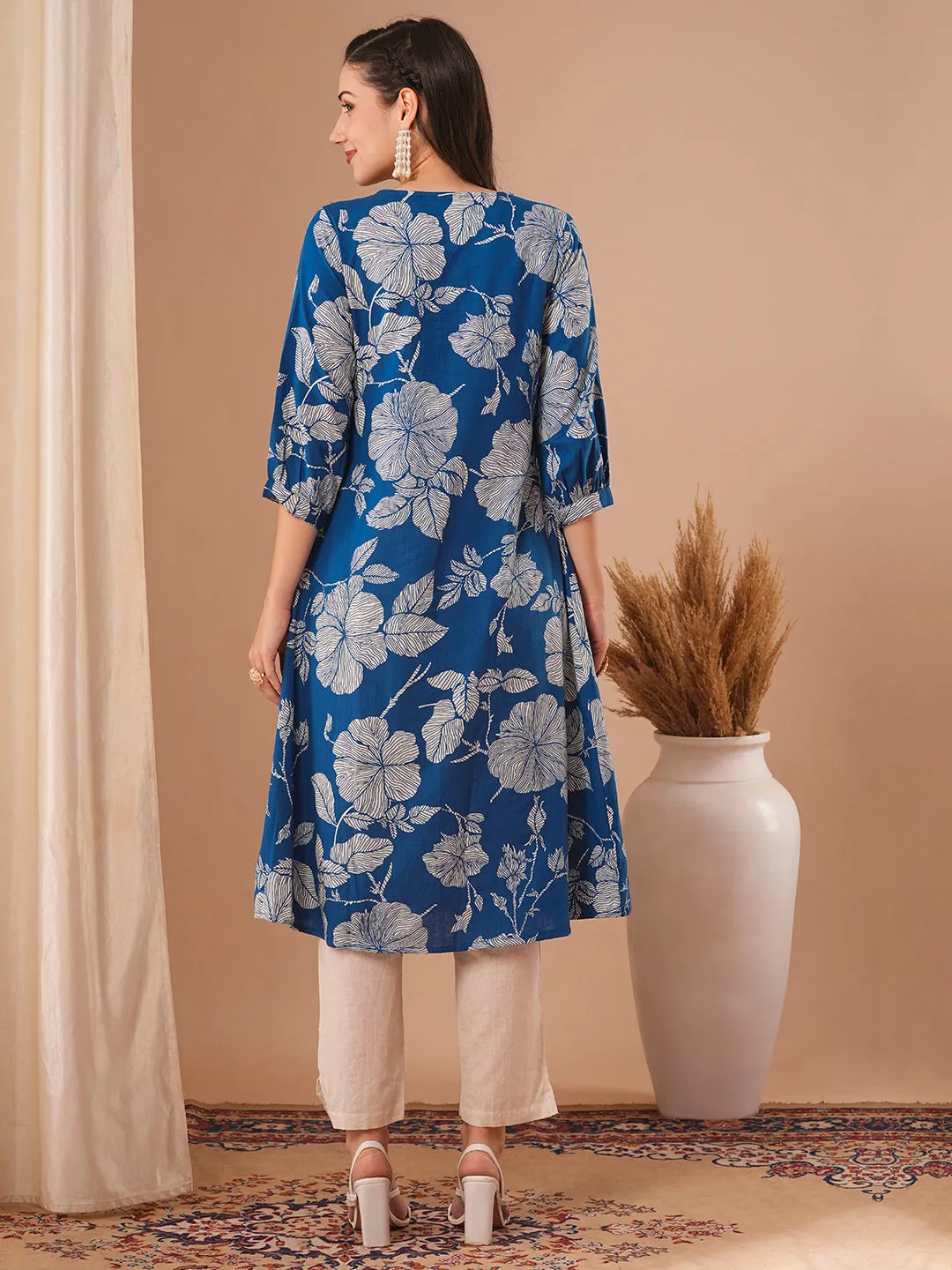 Abstract Floral Printed A-Line Cotton Flax Kurta with Pant - Blue