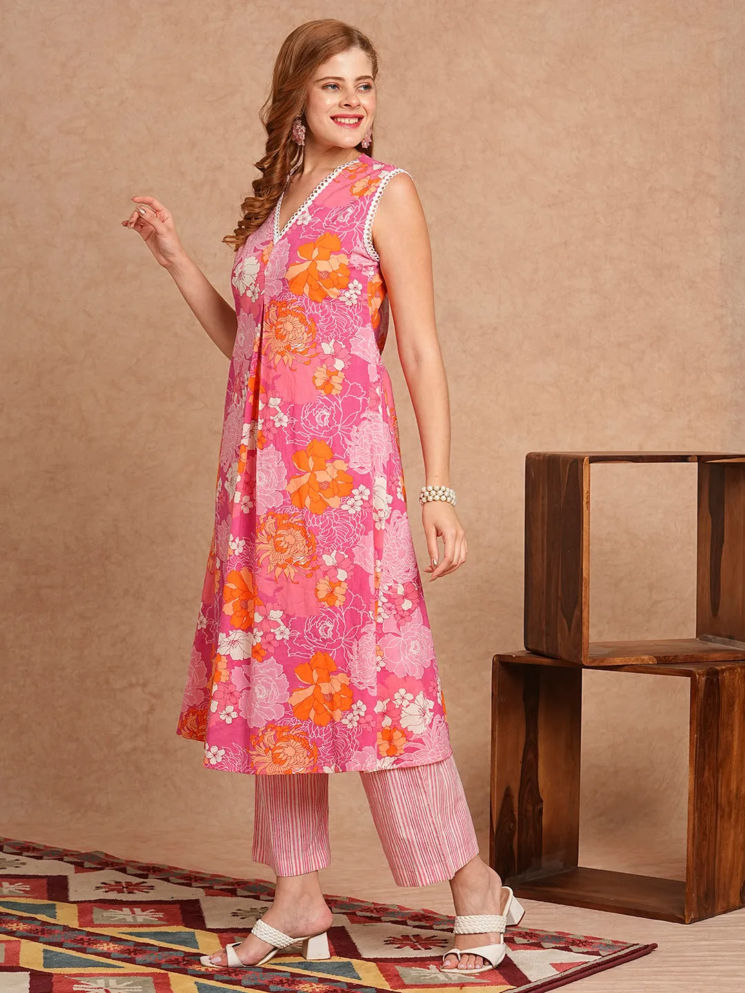 Abstract Floral Printed A-Line Cotton Kurta with Palazzo - Pink