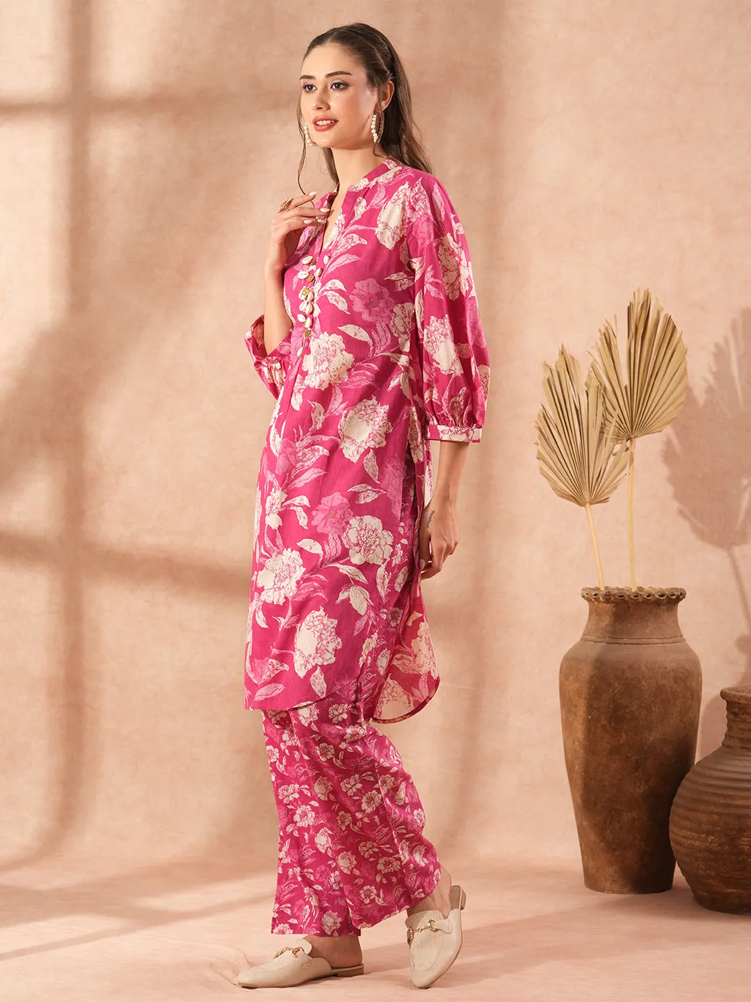 Abstract Floral Printed A-Line Kurta with Palazzo - Pink