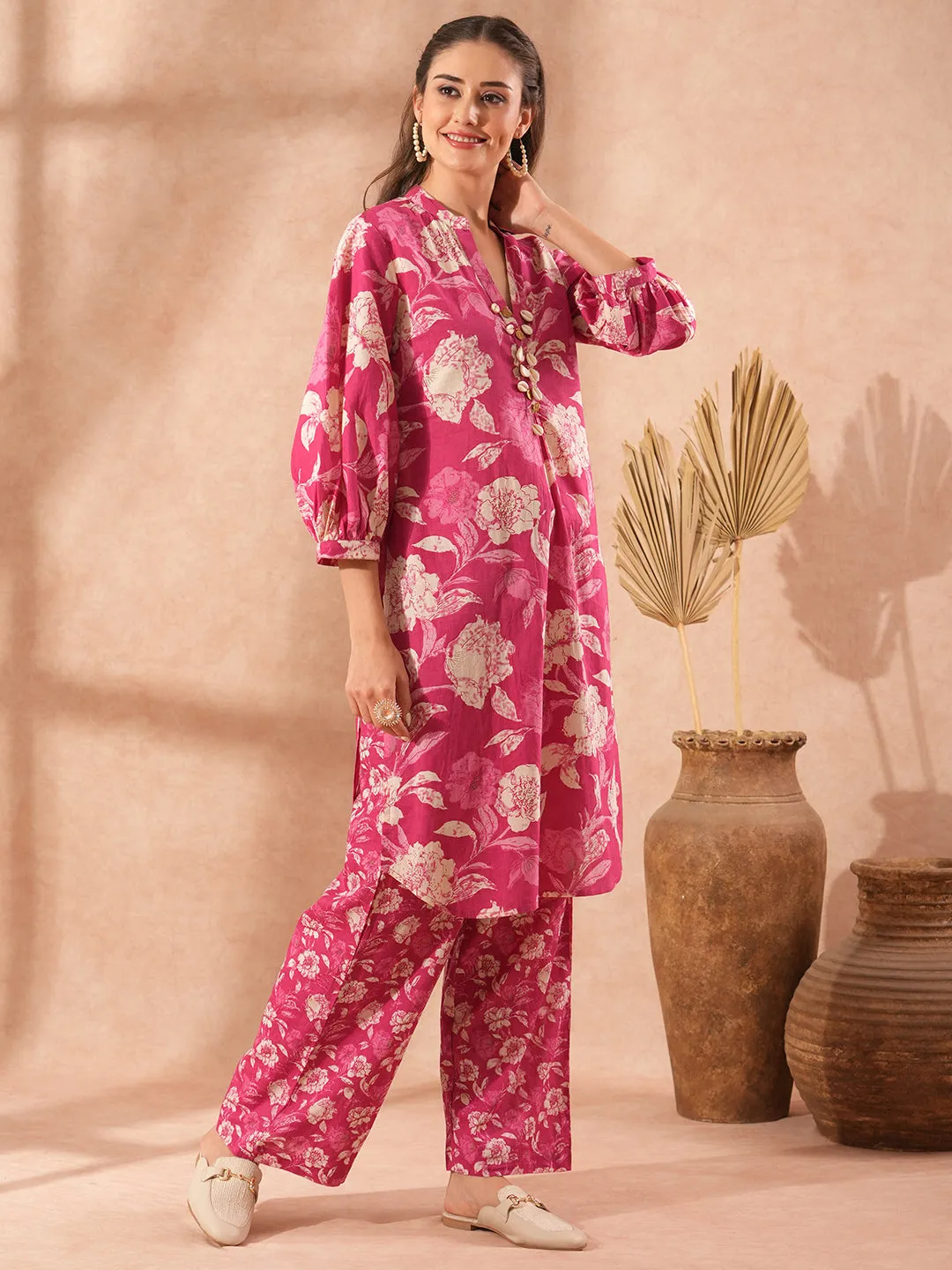 Abstract Floral Printed A-Line Kurta with Palazzo - Pink