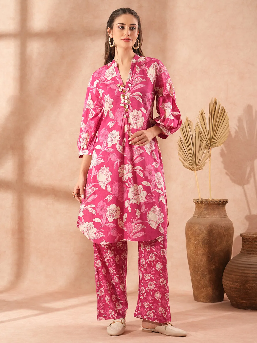 Abstract Floral Printed A-Line Kurta with Palazzo - Pink