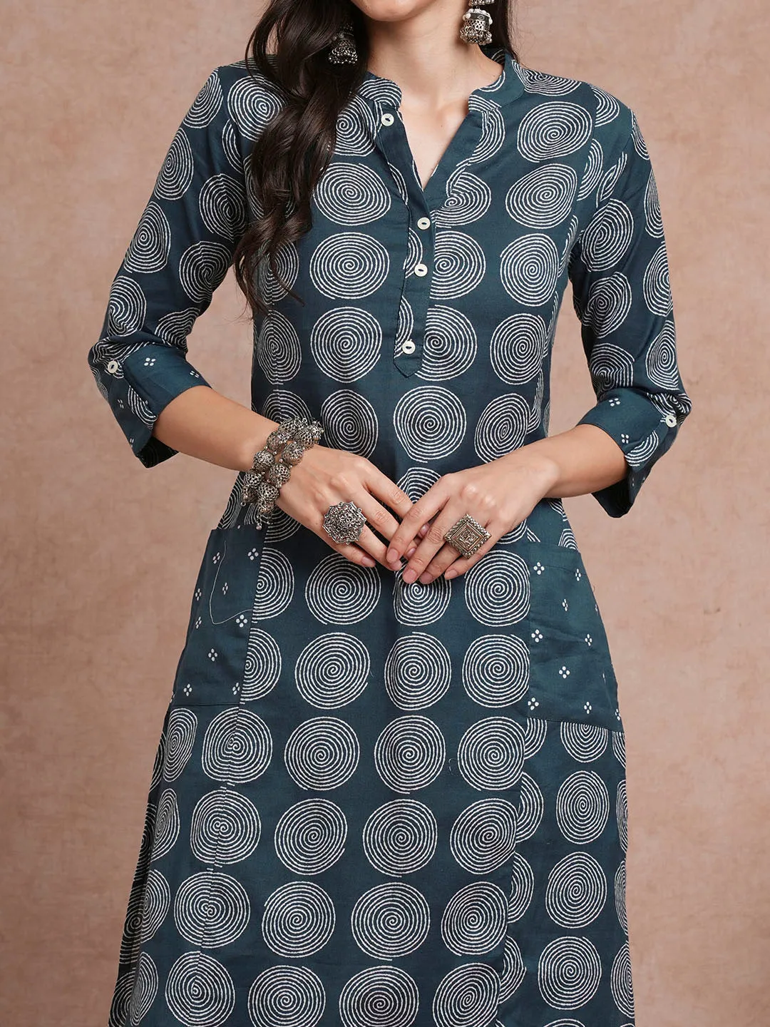 Abstract Floral Printed A-Line Kurta with Pant - Teal Blue