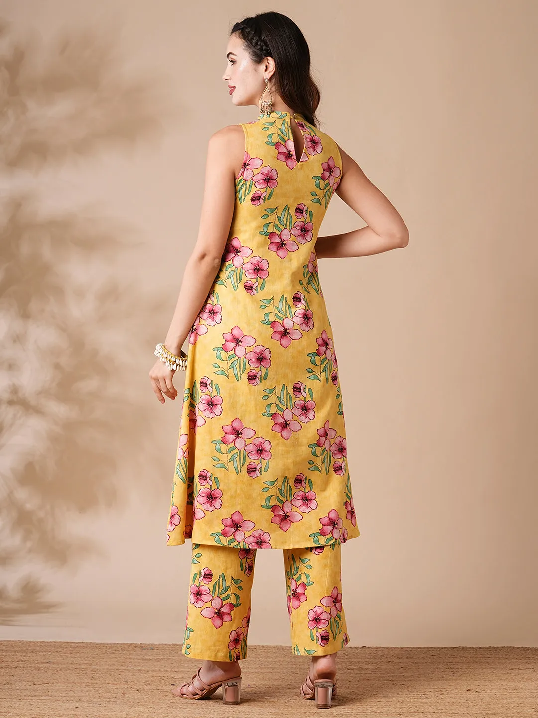 Abstract Floral Printed A-Line Kurta with Pant - Yellow