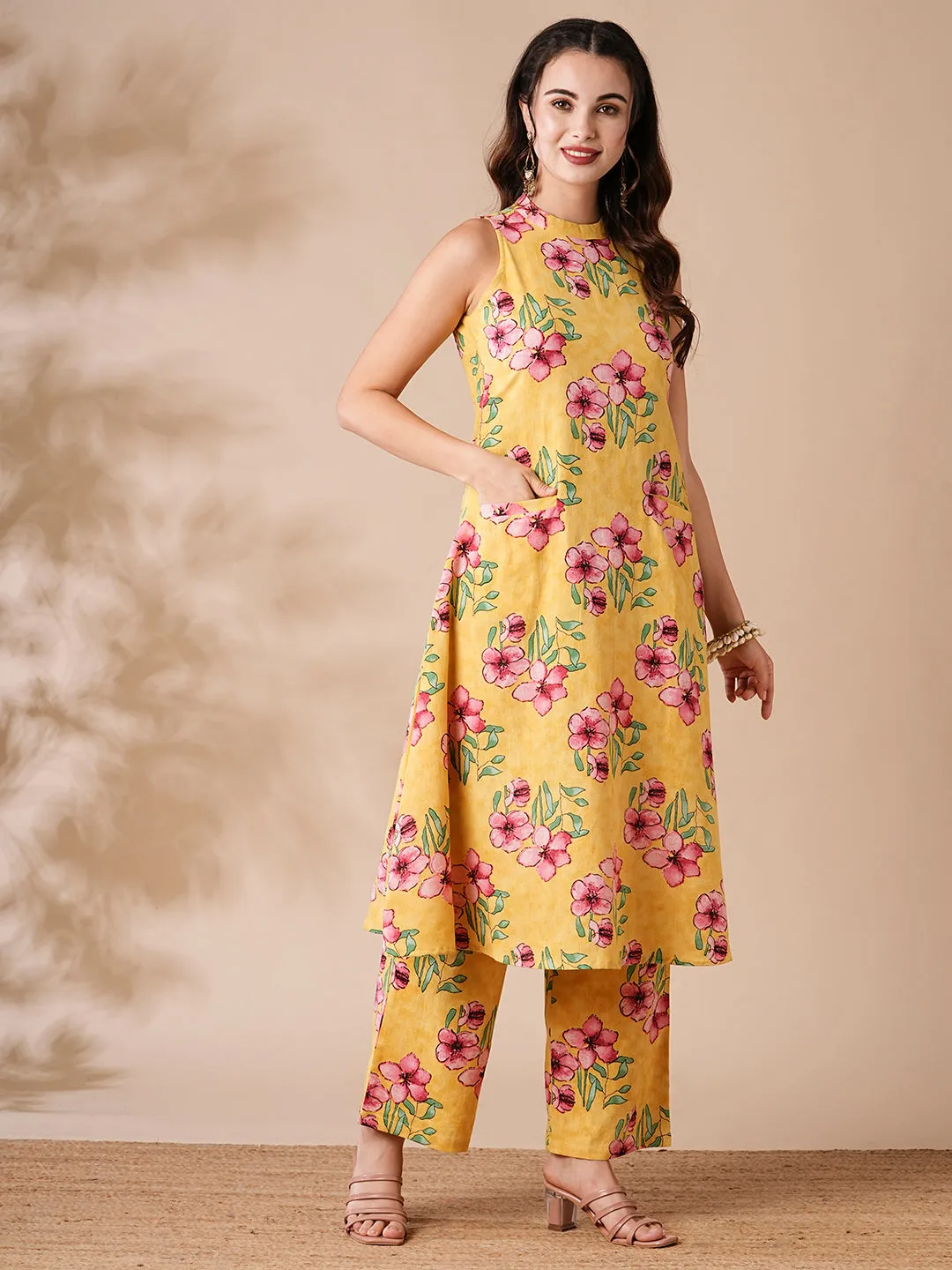 Abstract Floral Printed A-Line Kurta with Pant - Yellow