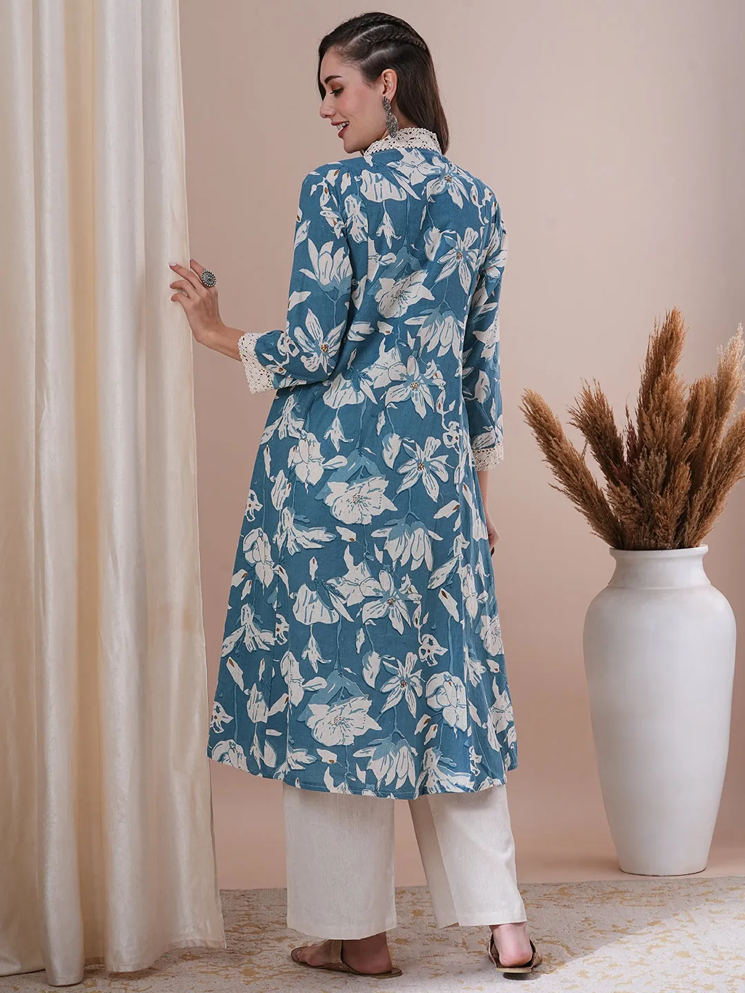 Abstract Floral Printed A-Line Paneled Cotton Flax Kurta with Palazzo - Blue