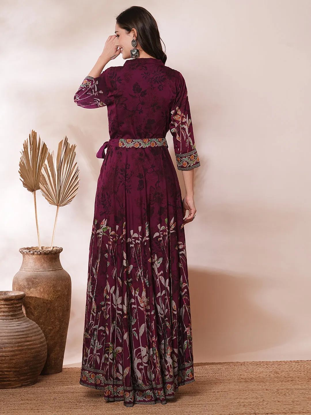 Abstract Floral Printed A-Line Pleated Maxi Dress with Belt - Burgundy