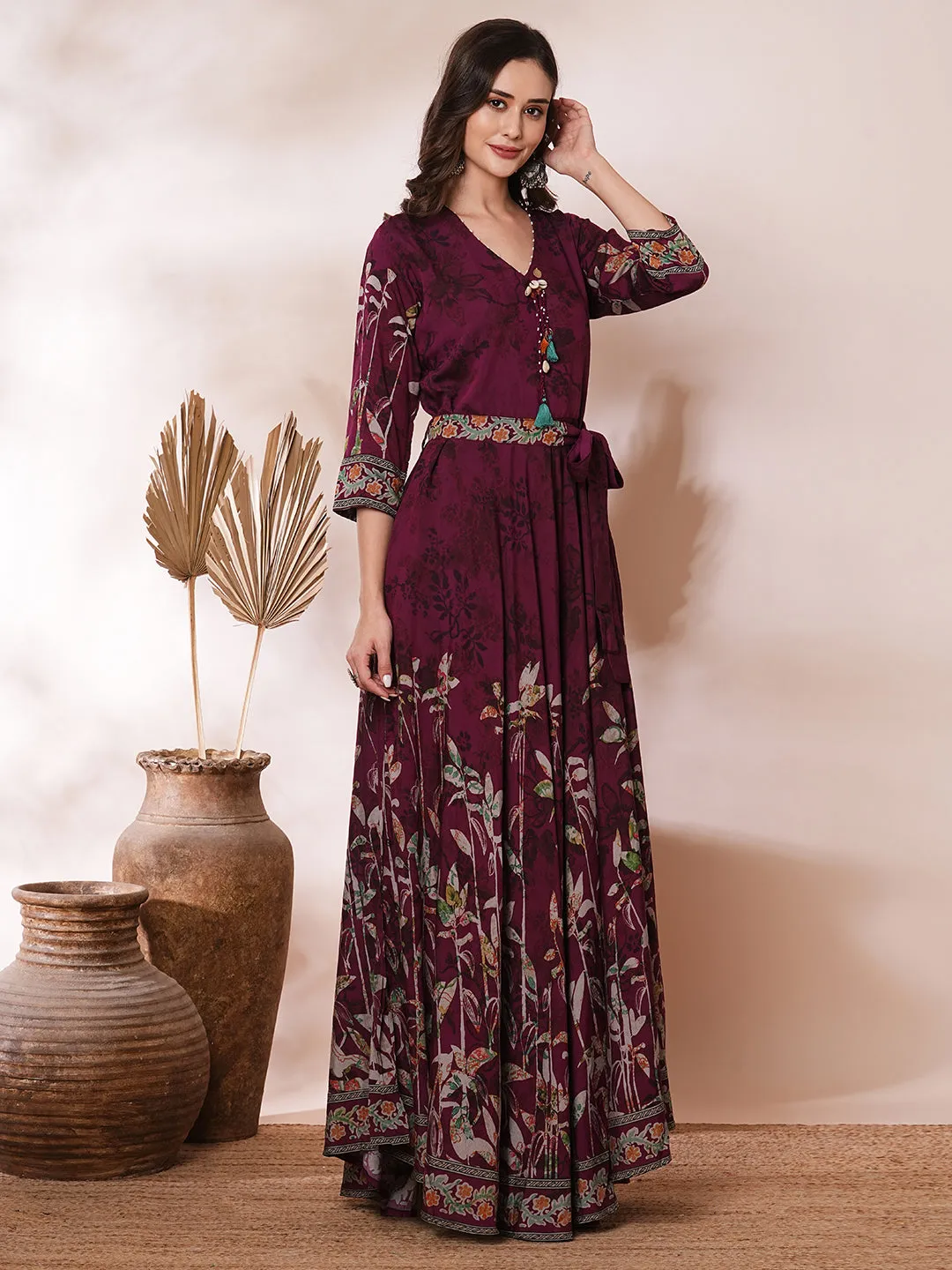 Abstract Floral Printed A-Line Pleated Maxi Dress with Belt - Burgundy