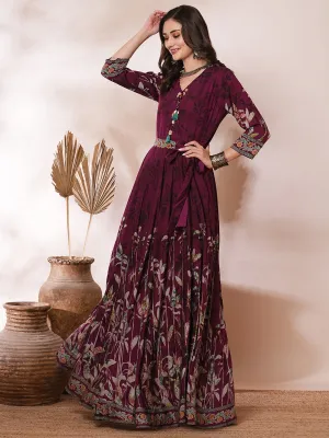 Abstract Floral Printed A-Line Pleated Maxi Dress with Belt - Burgundy