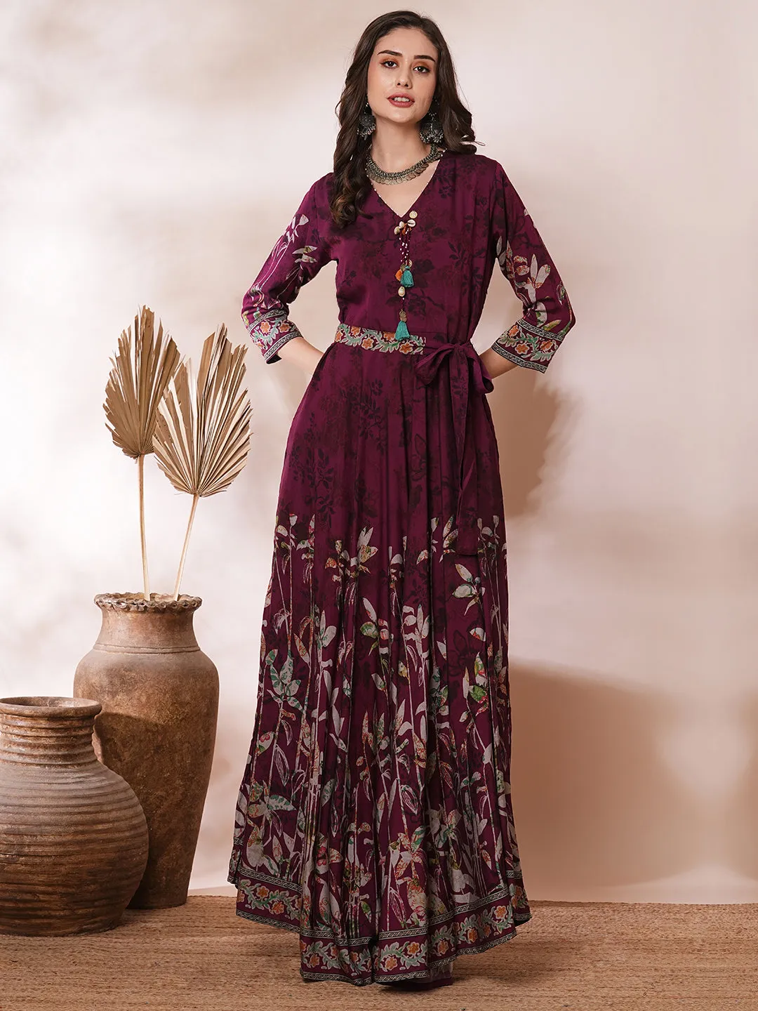 Abstract Floral Printed A-Line Pleated Maxi Dress with Belt - Burgundy