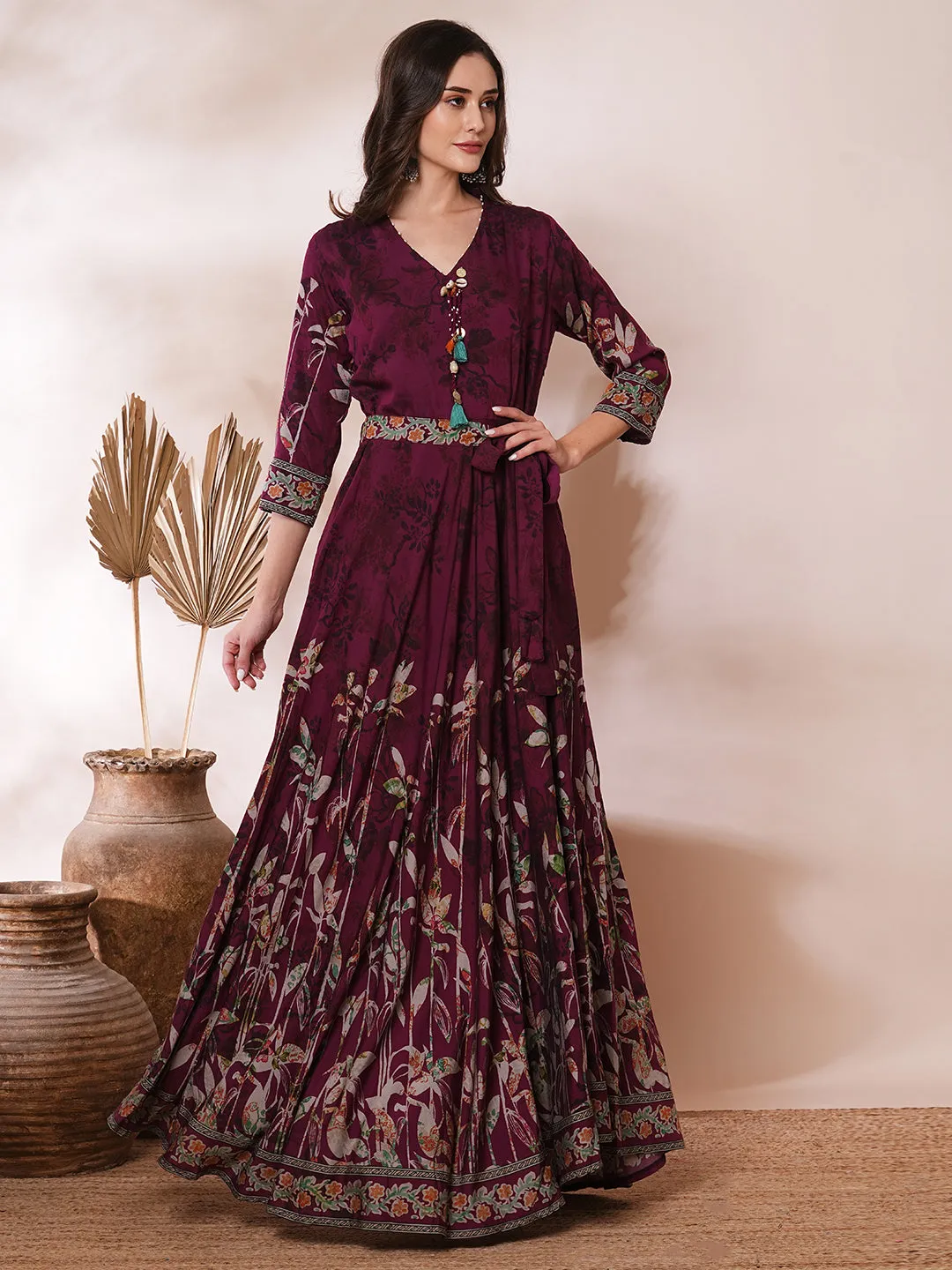 Abstract Floral Printed A-Line Pleated Maxi Dress with Belt - Burgundy