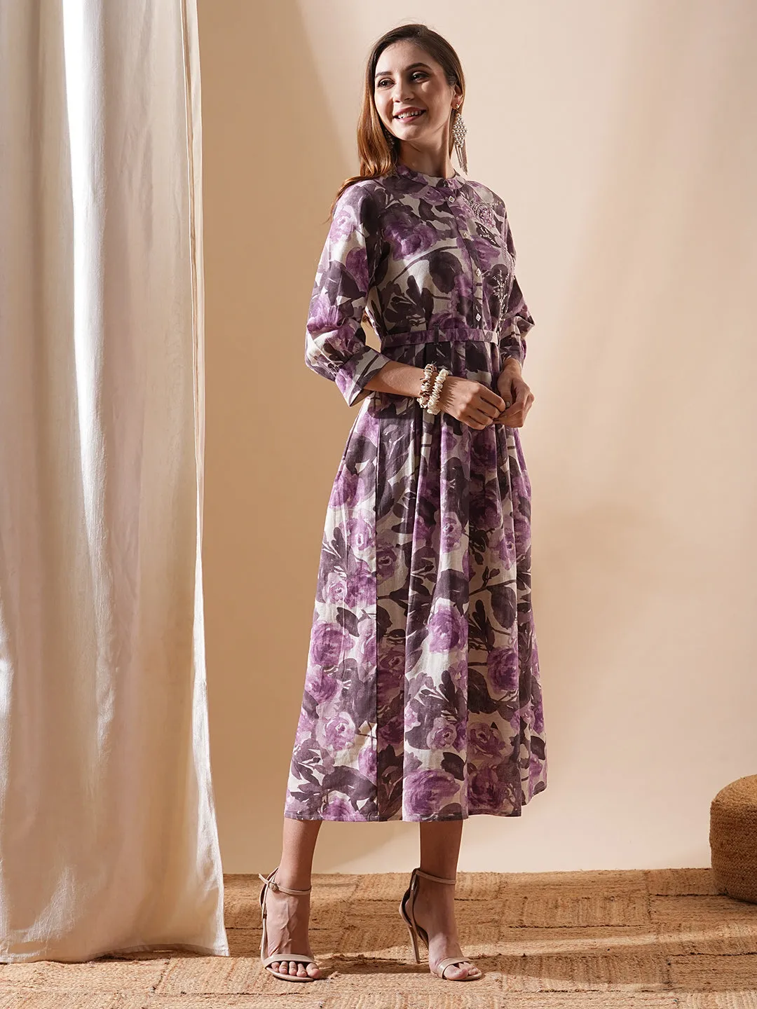 Abstract Floral Printed & Embroidered A-Line Flared Midi Dress - Lavender