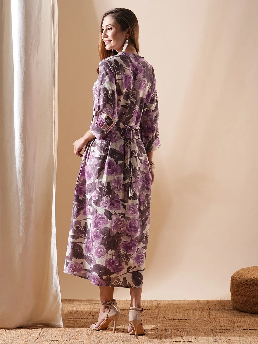 Abstract Floral Printed & Embroidered A-Line Flared Midi Dress - Lavender