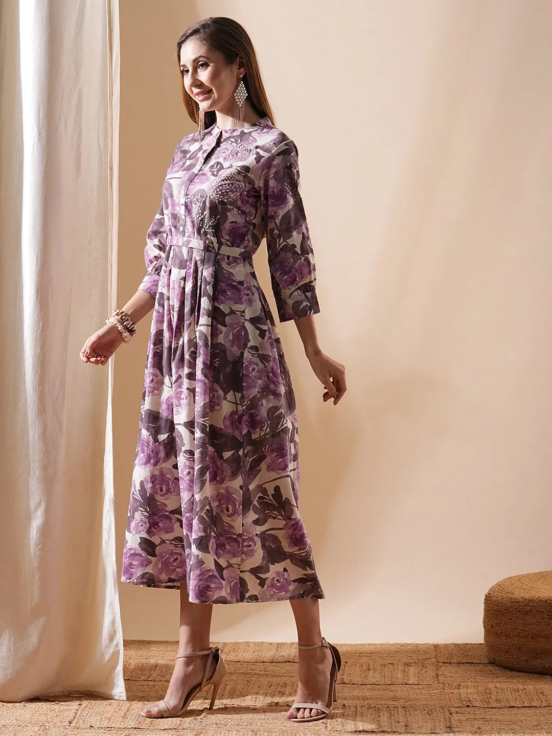 Abstract Floral Printed & Embroidered A-Line Flared Midi Dress - Lavender