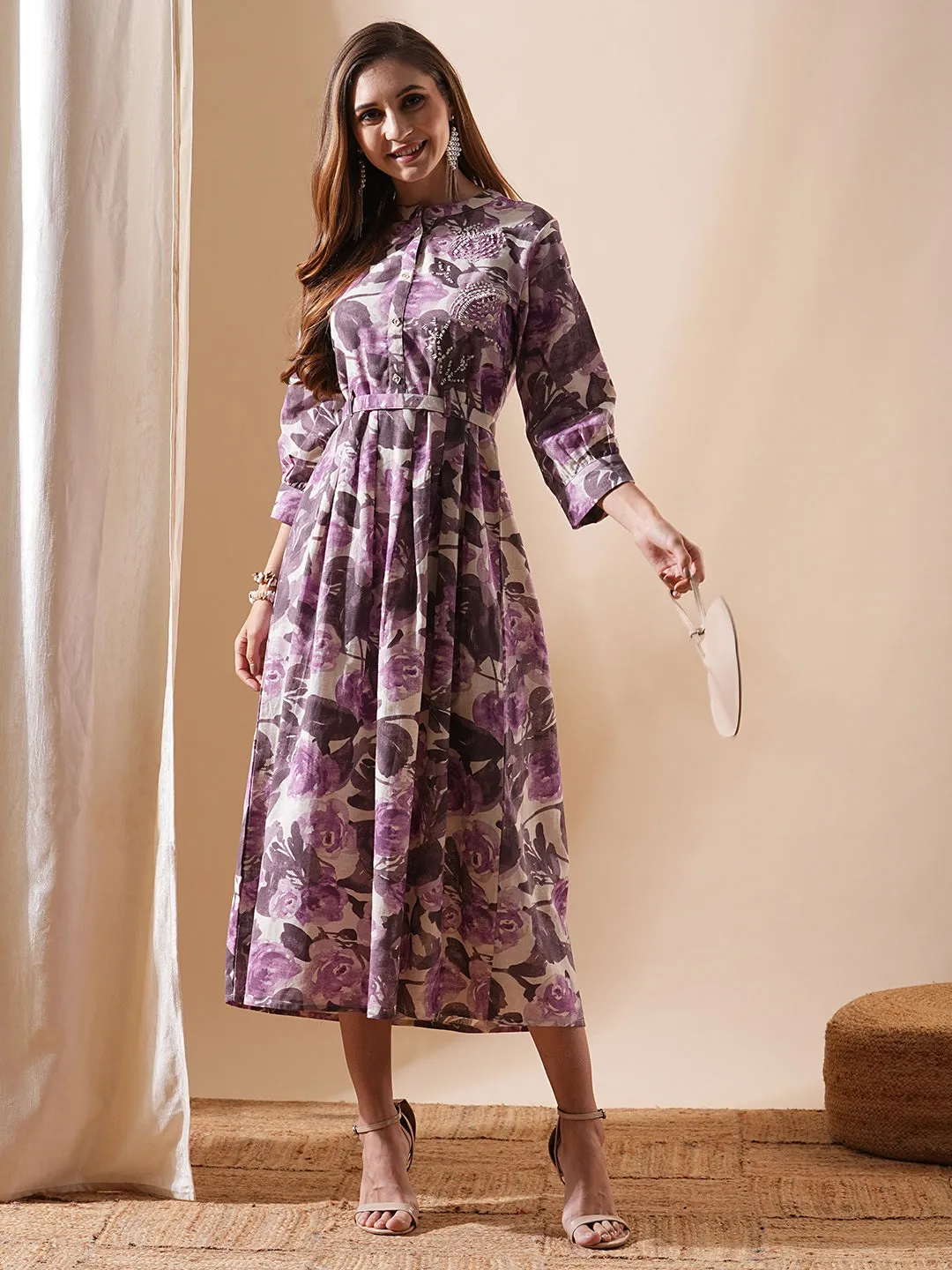 Abstract Floral Printed & Embroidered A-Line Flared Midi Dress - Lavender