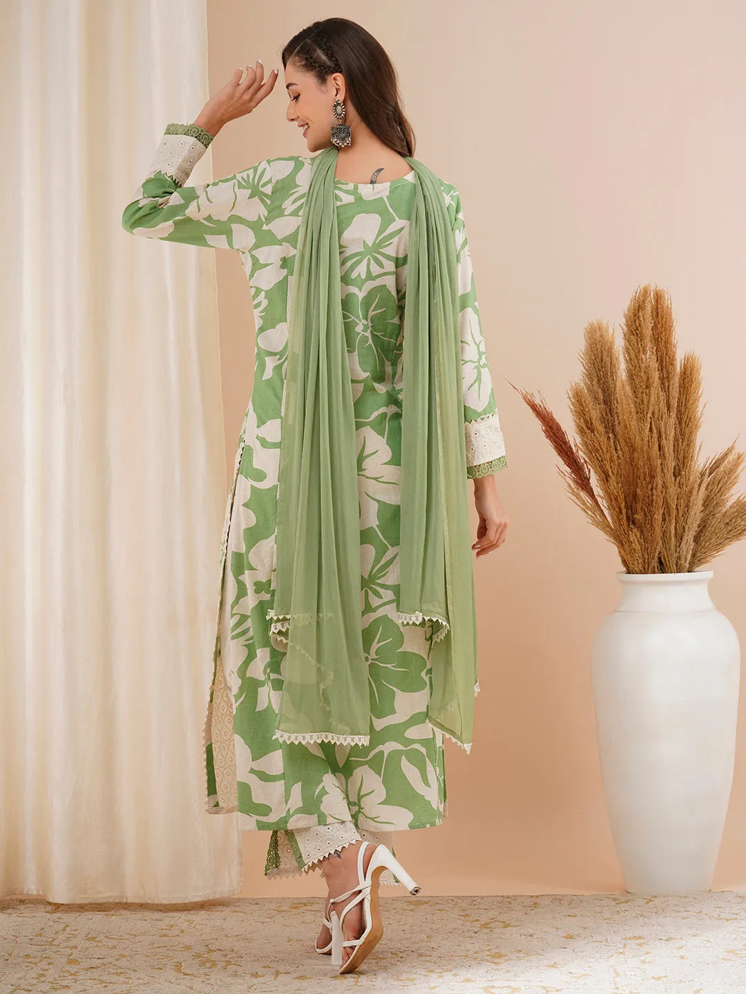 Abstract Floral Printed & Embroidered A-Line Kurta with Pant & Dupatta - Green