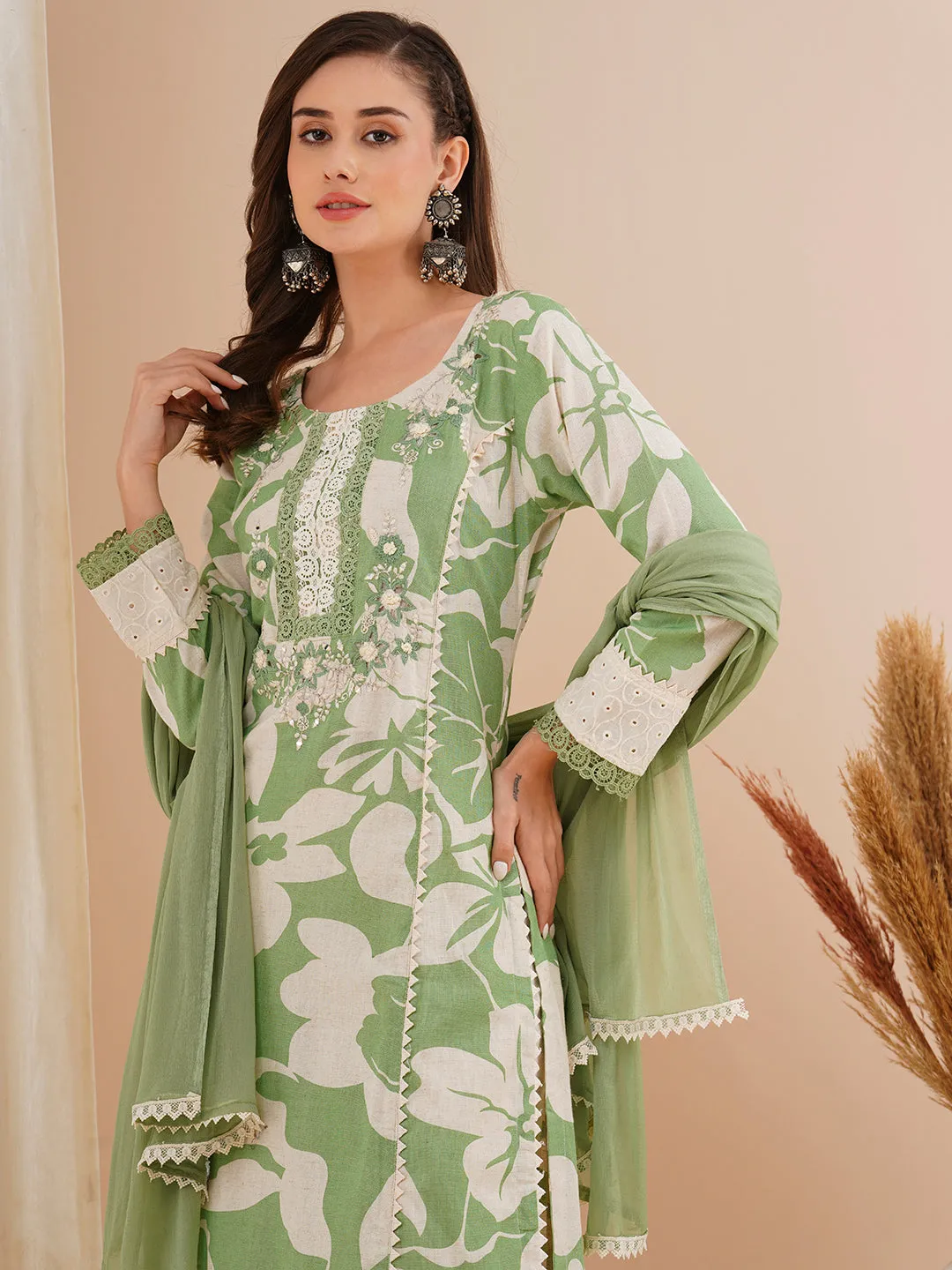 Abstract Floral Printed & Embroidered A-Line Kurta with Pant & Dupatta - Green