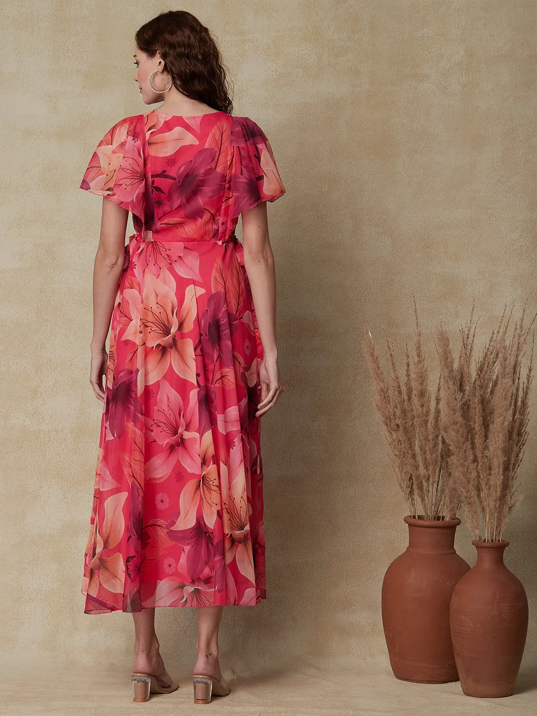 Abstract Floral Printed & Embroidered A-Line Midi Dress - Pink